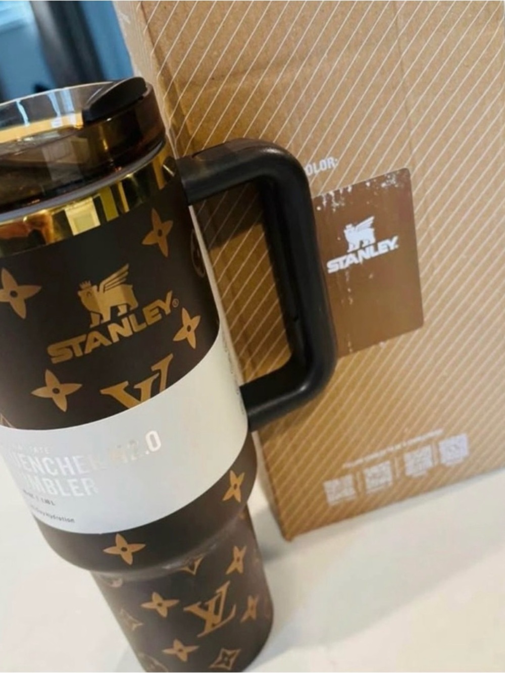 Brown Gold Stanley Logo Tumbler Travel Mug with Handle & straw BRAND NEW in BOX